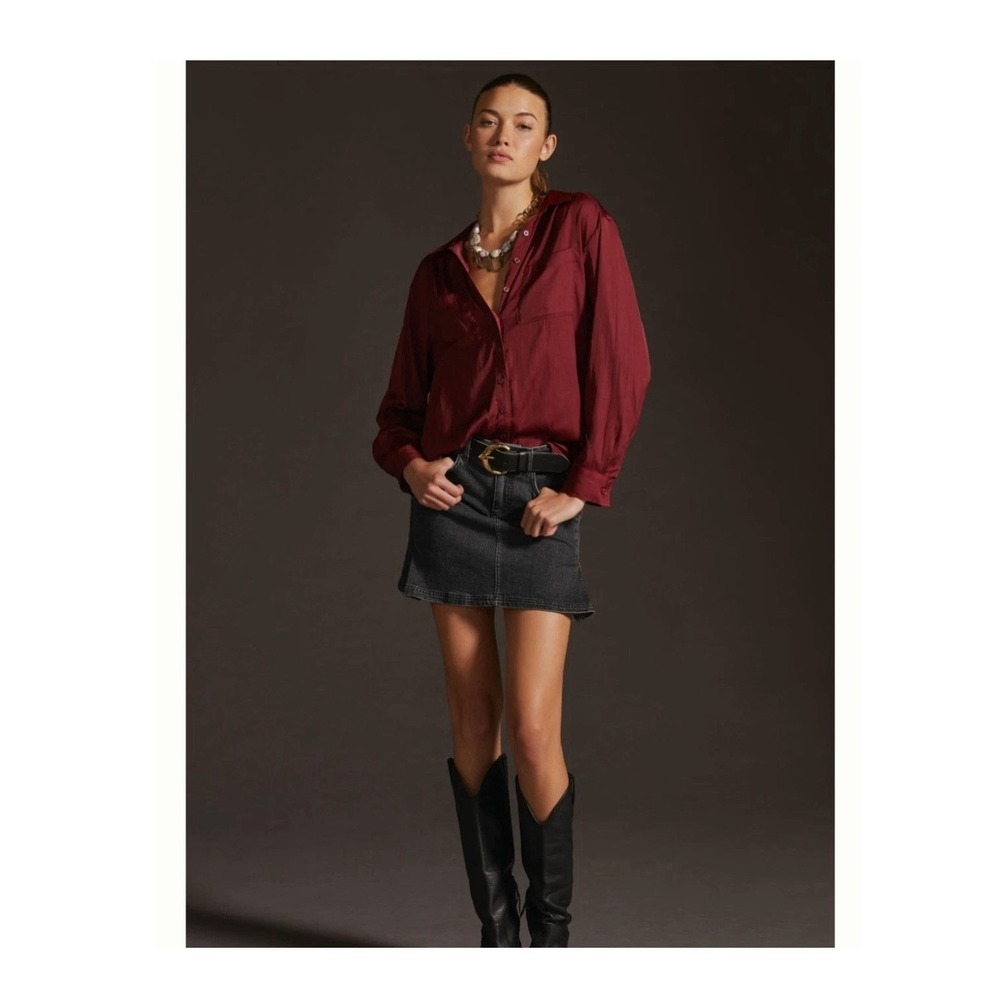 By Anthropologie Relaxed Button Down Shirt Wine Red Maroon Silky Oversized